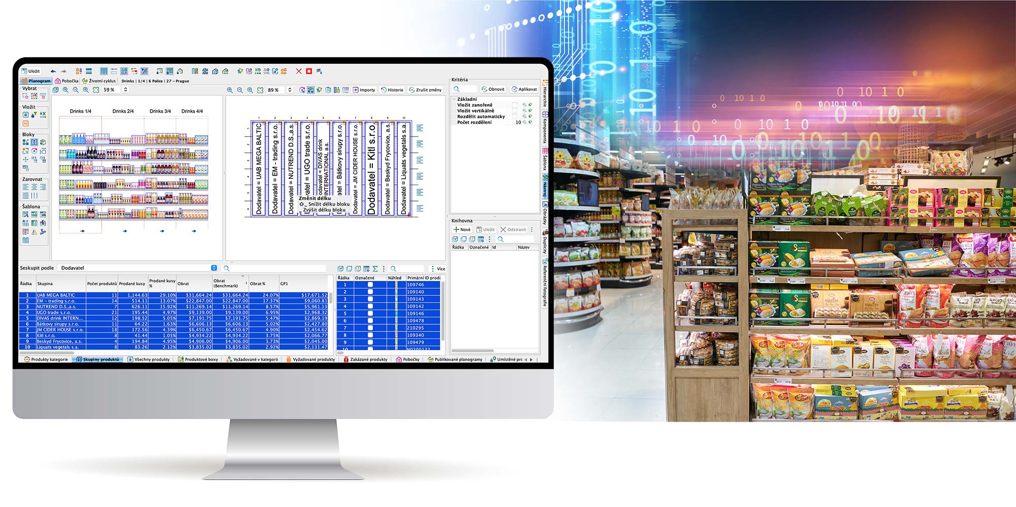 Monitor showing UI of retail management software open on AI planogram creation next to image of planogram implementation.