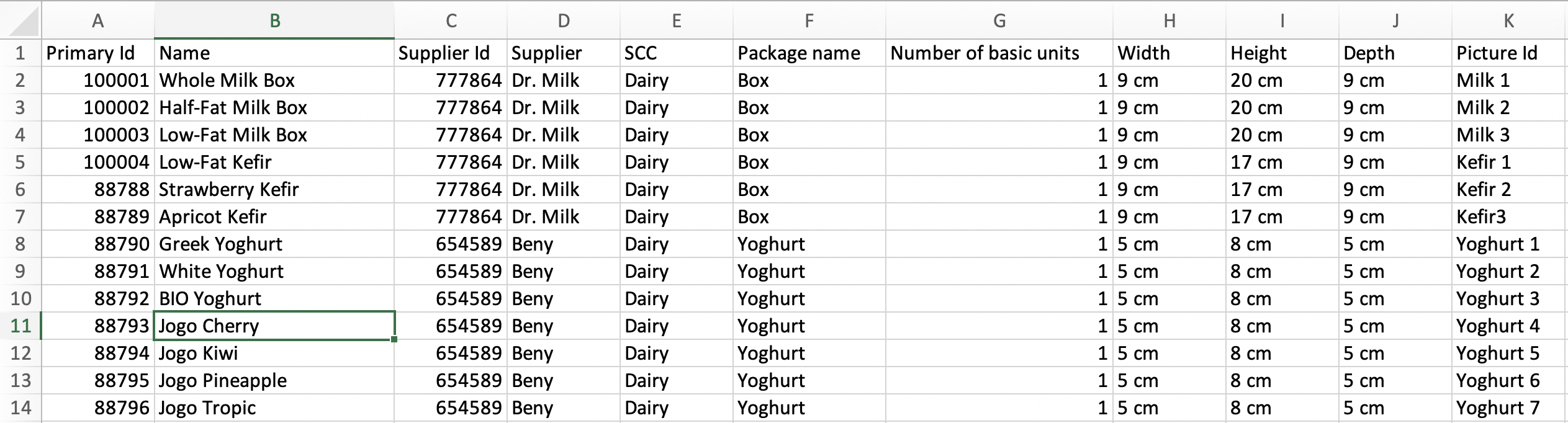 Product properties in Excel spreadsheet